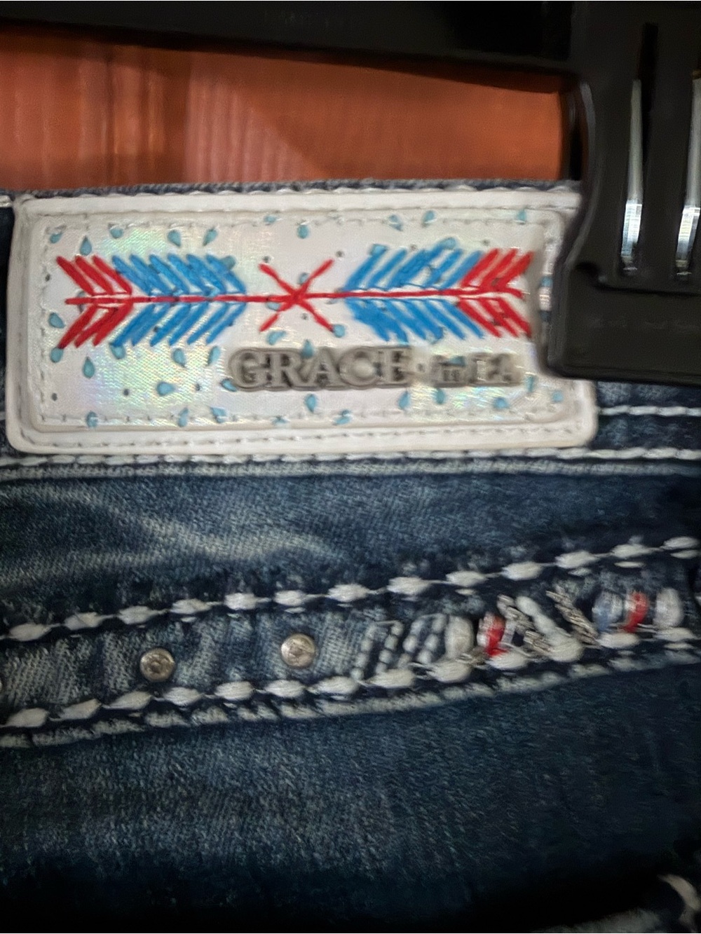 Grace in LA Blue Denim Jeans with Red & Light Blue Embroidery